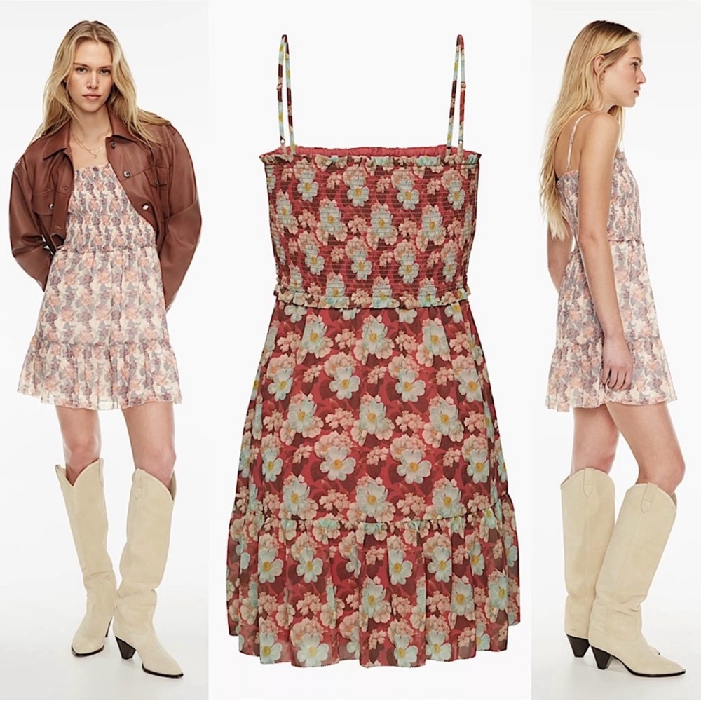 Aritzia Red and Cream Smocked Sundress